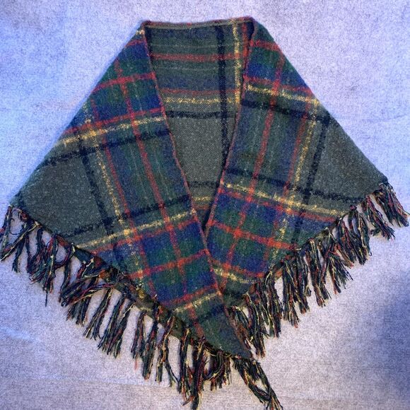 Free People Fall Winter Scarf, Green Blue Plaid Tartan, Boho Shawl With Fringe - Picture 11 of 11